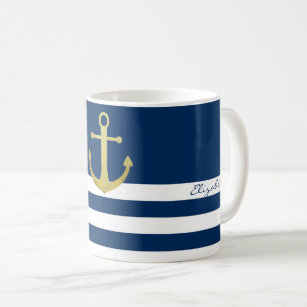 Nautical, Gold Anchor Navy Blue Striped Koffiemok