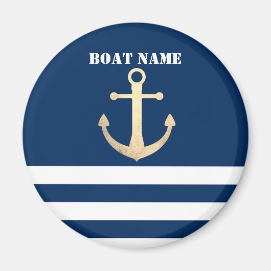 Nautical, Gold Anchor Navy Blue Striped Magneet (Voorkant)