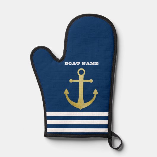 Nautical, Gold Anchor Navy Blue Striped Ovenwant (Voorkant)