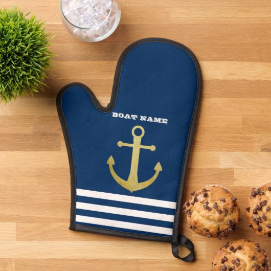 Nautical, Gold Anchor Navy Blue Striped Ovenwant