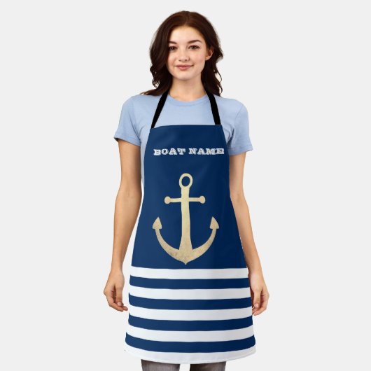 Nautical, Gold Anchor Navy Blue Striped Schort (Gedragen)