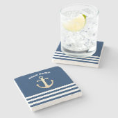 Nautical, Gold Anchor Navy Blue Striped Stenen Onderzetter (Zijkant)
