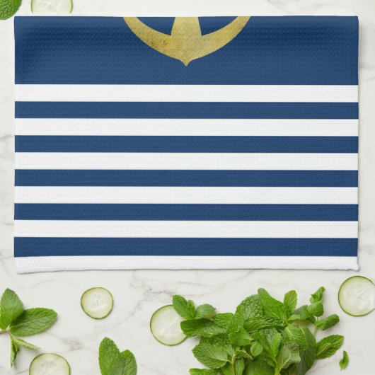 Nautical, Gold Anchor Navy Blue Striped Theedoek (Gevouwen)