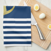 Nautical, Gold Anchor Navy Blue Striped Theedoek (Quarter Fold)