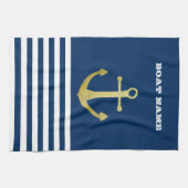 Nautical, Gold Anchor Navy Blue Striped Theedoek (Horizontaal)