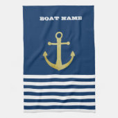Nautical, Gold Anchor Navy Blue Striped Theedoek (Verticaal)