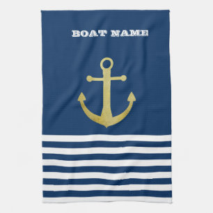Nautical, Gold Anchor Navy Blue Striped Theedoek
