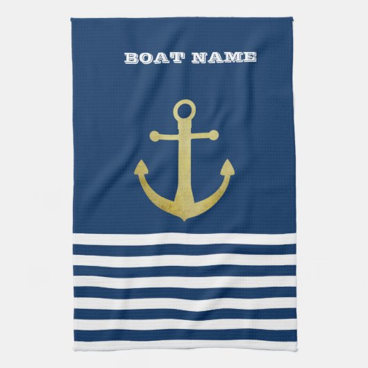 Nautical, Gold Anchor Navy Blue Striped Theedoek (Verticaal)