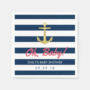 Nautical Gold Anchor Navy Blue Stripes Baby shower Servetten