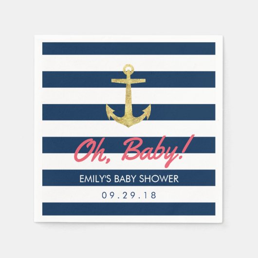 Nautical Gold Anchor Navy Blue Stripes Baby shower Servetten (Voorkant)