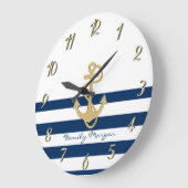Nautical, Gold Anchor Navy Blue Stripes Grote Klok (Hoek)