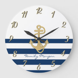 Nautical, Gold Anchor Navy Blue Stripes Grote Klok