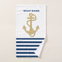 Nautical, Gold Anchor Navy Blue White Stripes Bad Handdoek