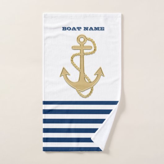 Nautical, Gold Anchor Navy Blue White Stripes Bad Handdoek (Handdoek)