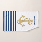Nautical, Gold Anchor Navy Blue White Stripes Bad Handdoek (Handdoek)