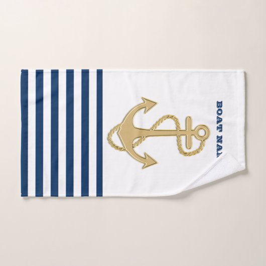 Nautical, Gold Anchor Navy Blue White Stripes Bad Handdoek (Handdoek)