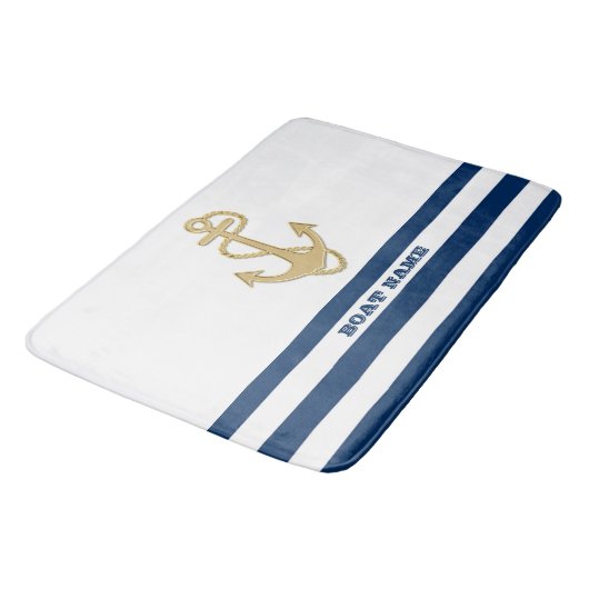 Nautical, Gold Anchor Navy Blue White Stripes Badmat (Gekanteld)