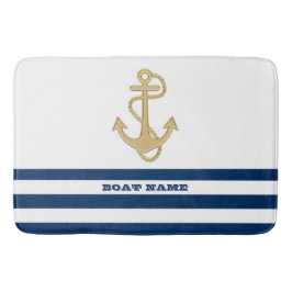 Nautical, Gold Anchor Navy Blue White Stripes Badmat
