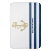 Nautical, Gold Anchor Navy Blue White Stripes Badmat (Voorkant Verticaal)