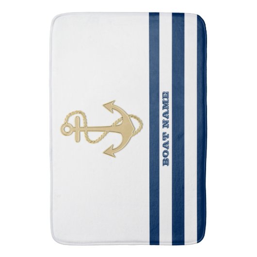 Nautical, Gold Anchor Navy Blue White Stripes Badmat (Voorkant Verticaal)