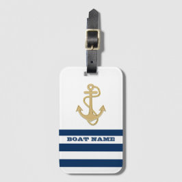 Nautical, Gold Anchor Navy Blue White Stripes Bagagelabel