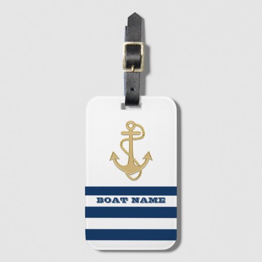 Nautical, Gold Anchor Navy Blue White Stripes Bagagelabel (Voorkant (verticaal))