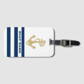 Nautical, Gold Anchor Navy Blue White Stripes Bagagelabel (Voorkant (horizontaal))