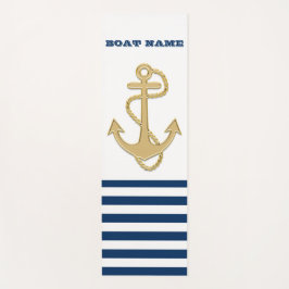 Nautical, Gold Anchor Navy Blue White Stripes Bath Yogamat