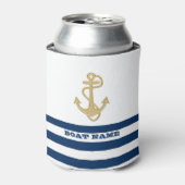 Nautical, Gold Anchor Navy Blue White Stripes Blikjeskoeler (Blikje Voorkant)