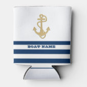 Nautical, Gold Anchor Navy Blue White Stripes Blikjeskoeler (Voorkant)