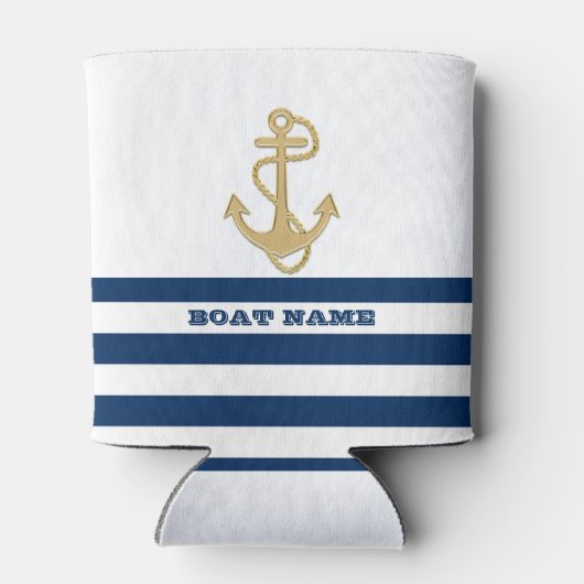 Nautical, Gold Anchor Navy Blue White Stripes Blikjeskoeler (Achterkant)