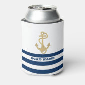Nautical, Gold Anchor Navy Blue White Stripes Blikjeskoeler (Blikje Achterkant)