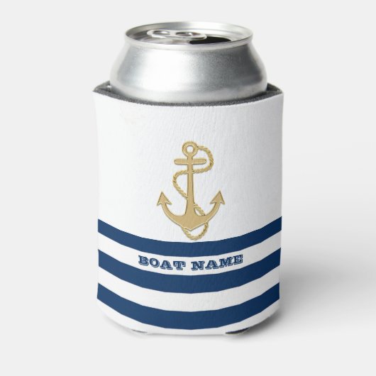 Nautical, Gold Anchor Navy Blue White Stripes Blikjeskoeler (Blikje Achterkant)