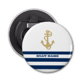 Nautical, Gold Anchor Navy Blue White Stripes Button Flesopener (Voorkant)