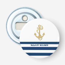 Nautical, Gold Anchor Navy Blue White Stripes