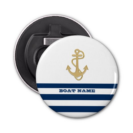 Nautical, Gold Anchor Navy Blue White Stripes Button Flesopener (Voorkant)