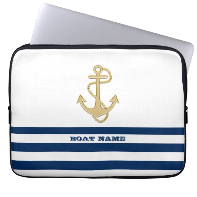 Nautical, Gold Anchor Navy Blue White Stripes Laptop Sleeve (Voorkant)