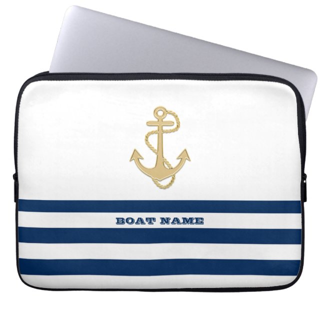 Nautical, Gold Anchor Navy Blue White Stripes Laptop Sleeve (Voorkant)