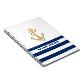 Nautical, Gold Anchor Navy Blue White Stripes Notitieboek (Rechterzijde)