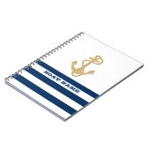 Nautical, Gold Anchor Navy Blue White Stripes Notitieboek (Linkerzijde)
