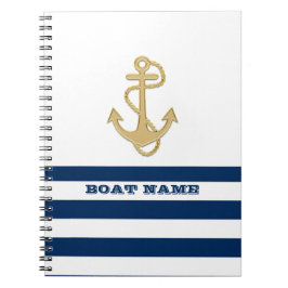 Nautical, Gold Anchor Navy Blue White Stripes Notitieboek