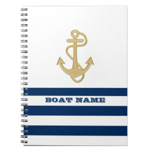 Nautical, Gold Anchor Navy Blue White Stripes Notitieboek
