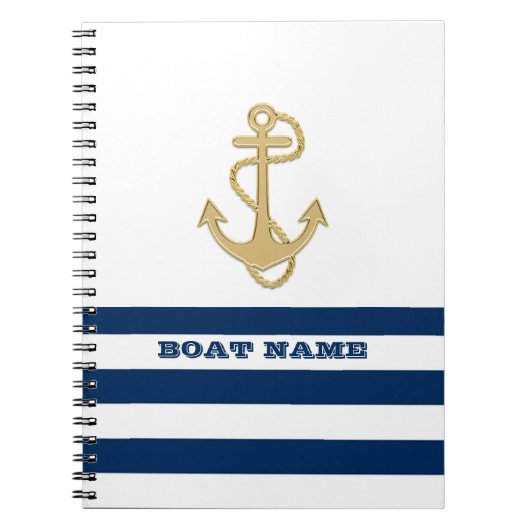 Nautical, Gold Anchor Navy Blue White Stripes Notitieboek (Voorkant)