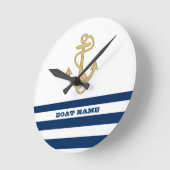 Nautical, Gold Anchor Navy Blue White Stripes Ronde Klok (Hoek)