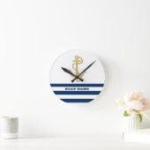 Nautical, Gold Anchor Navy Blue White Stripes Ronde Klok (Huis)