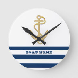 Nautical, Gold Anchor Navy Blue White Stripes Ronde Klok
