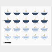 Nautical, Gold Anchor Navy Blue White Stripes Ronde Sticker (Vel)