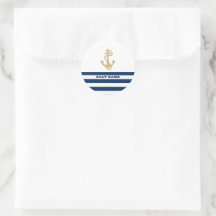 Nautical, Gold Anchor Navy Blue White Stripes