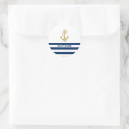 Nautical, Gold Anchor Navy Blue White Stripes Ronde Sticker
