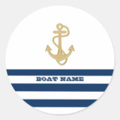Nautical, Gold Anchor Navy Blue White Stripes Ronde Sticker (Voorkant)